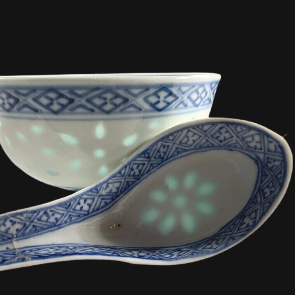Chinese Rice Eye Grain Bowl Blue White Porcelain Spoon Set Translucent - Picture 2 of 11